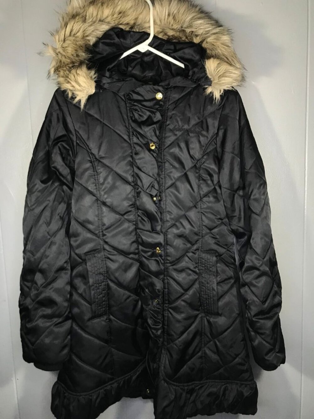 Y2K Vintage Baby Phat Puffer Jacket Womens Md Black Faux Fur Hood Down Fill